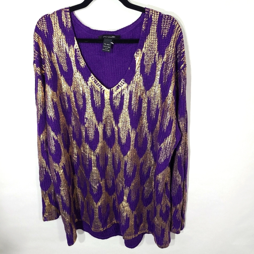 Ashley Stewart Women's Size 22/24 Sweater Purple with Metallic Gold Designs Fun